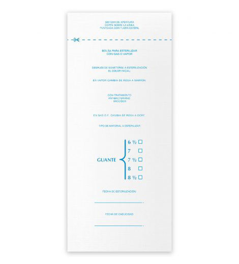 Las Bolsas para Esterilizar con EO Gas o Vapor ESTERIBOL son un dispositivo médico utilizado como contenedor elaborado con papel grado médico, liso, de porosidad controlada, abierto en la parte superior para introducir el producto que se desea esterilizar misma que se cierra herméticamente al usar un sistema de banda, con fuelles y boca aserrada.<br><br>Son usadas para actuar como barrera bacteriana y mantener los artículos estériles en su interior, después de haber sido sometidos a un proceso de esterilización ya sea con gas óxido de etileno o vapor.<br><br>Además disponen de un sistema de apertura que permite abrir fácilmente la bolsa en el quirófano. El cierre de la parte superior (boca) es termosellable, el fondo de la bolsa está sellado con un termo adhesivo y tiene dos dobleces a todo lo ancho, cada uno pegado con un adhesivo no corrosivo resistente al agua. El lado posterior de la bolsa tiene un adhesivo no corrosivo resistente al agua y está constituido mediante un sistema de dos bandas de adhesivo con color. En ambas caras cuenta con información marcada con tinta indeleble. Además cuenta con un Indicador Dual no corrosivo resistente al agua que permite visualizar si ha sido sometido a un proceso de esterilización.