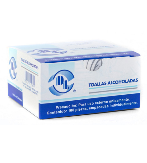 La toalla alcoholada se utiliza como antiséptico para la limpieza de la piel ya sea en la aplicación de una inyección o o al realizar una extracción de sangre. Están elaboradas con alcohol isopropílico al 70%, el cual da una óptima acción antibacteriana. Se encuentran disponibles en exhibidor 24 x 6 y en caja con 100.