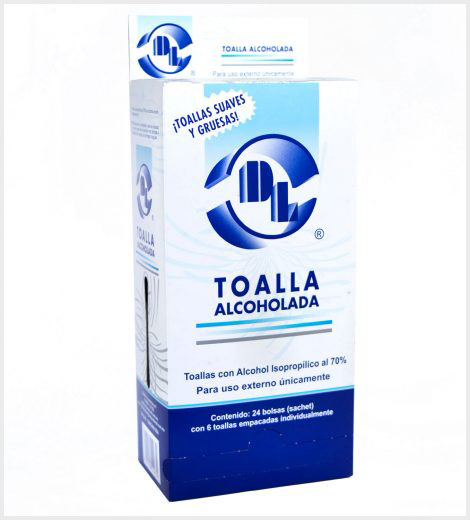 La toalla alcoholada se utiliza como antiséptico para la limpieza de la piel ya sea en la aplicación de una inyección o o al realizar una extracción de sangre. Están elaboradas con alcohol isopropílico al 70%, el cual da una óptima acción antibacteriana. Se encuentran disponibles en exhibidor 24 x 6 y en caja con 100.